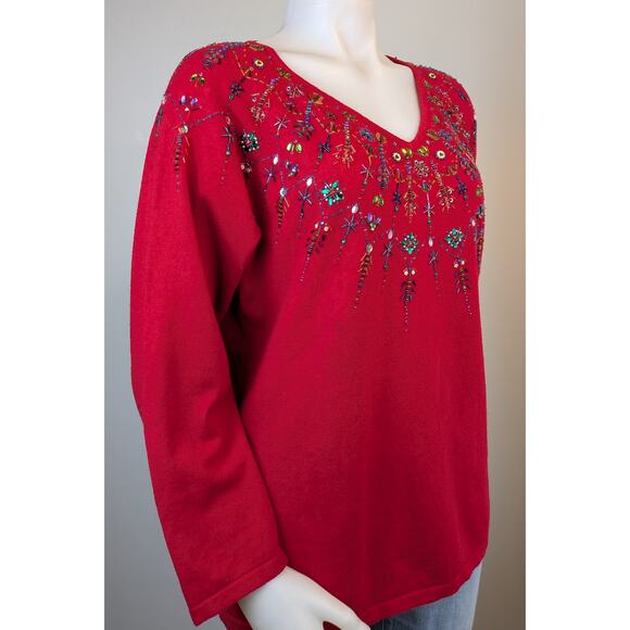 Marisa Christina Holiday Sweater Large Red Beaded Sequined  Embellished Glam - Picture 4 of 9